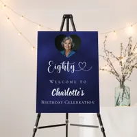 Navy blue 80th birthday party photo heart welcome foam board
