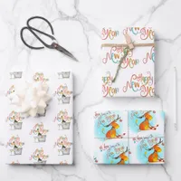 Coral Teal Gold Glitter Oh Deer Happy New Year Wrapping Paper Sheets