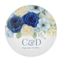 Navy Royal Bue Wedding Watercolor Ivory Flowers Cutting Board