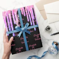 Fabulous birthday balck pink glitter drips name wrapping paper