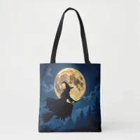 Witch on Broom by Full Moon Halloween Tote Bag