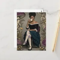 Beautiful Woman Drinks Tea Purple Mushrooms Postcard