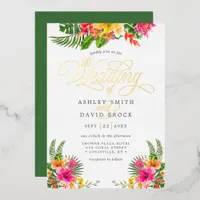 Tropical Hibiscus Floral Calligraphy Wedding Foil Invitation