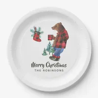 Fun Buffalo Plaid Lumberjack Bear Christmas Party Paper Plates