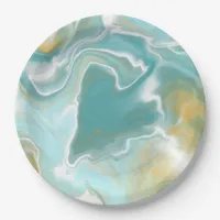 Sandy Brown Ocean Blue Marble Fluid Art Paper Plates