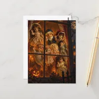 Spooky Victorian Dolls Waving Halloween Window Postcard