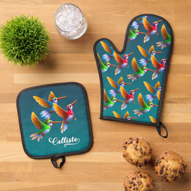 Colorful Hummingbirds in Flight Oven Mitt & Pot Holder Set