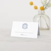 Blue Elegant Vintage Crest Monogram Wedding Place Card