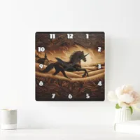 Majestic Horse Galloping Through Golden Field Square Wall Clock