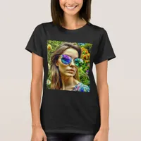 Beautiful Girl with Sunglasses Reflection Flowers T-Shirt