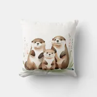 Adorable Otter Family With Flowers Throw Pillow