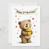 Cute Whimsical Teddy Bear Happy 2nd Birthday Flat Card