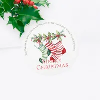 Festive Striped Stockings Christmas Return Address Classic Round Sticker