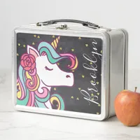 Black Whimsical Unicorn Gold Glitter Metal Lunch Box