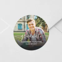 Graduate Photo Script Overlay Classic Round Sticker