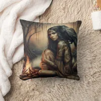 Native American Woman Seated by Fire With Raven Throw Pillow