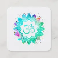 ~* Blue Green Lotus Flower Mandala Om Aum Symbol Square Business Card