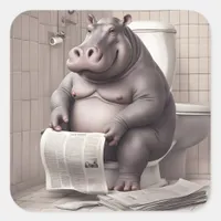 Hippo on the Toilet Reading Newspapers Square Sticker