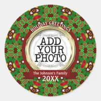 Green and Red Holiday Vibe Family Photo Classic Round Sticker