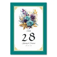 Teal, Purple, and Gold Floral Wedding Table Number