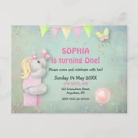 Cute Unicorn/Butterflies First Birthday Invitation Postcard