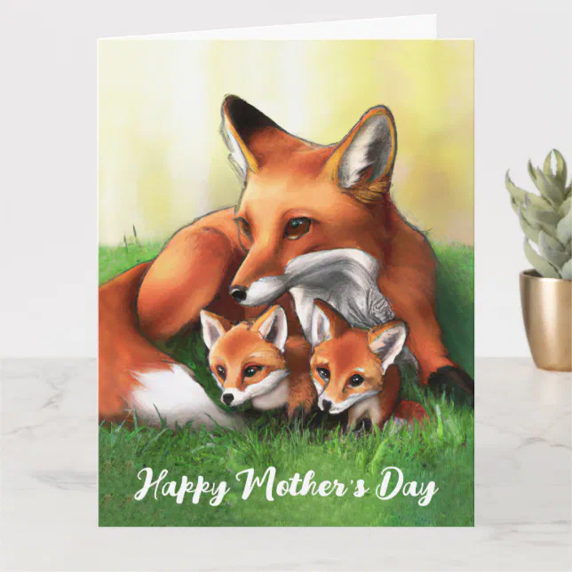 Red Fox Mother and Kits in the Grass Card