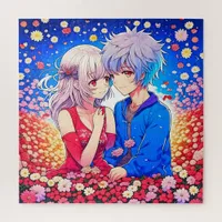 Anime Couple Love Flowers and Hearts Jigsaw Puzzle