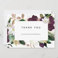 Dark Plum Velvet Floral Wedding Photo Thank You Card