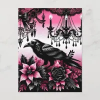 Black and Pink Gothic Christmas Raven and Flowers Postcard