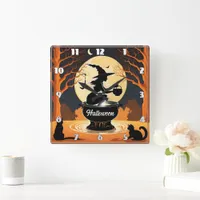 Enchanting witch brewing potions under the moon square wall clock