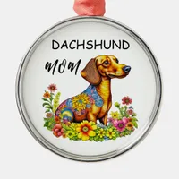 Cute Cartoon AI Dachshund Mom Metal Ornament