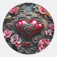 Roses, Copper Heart and Metal Gears Steampunk Classic Round Sticker