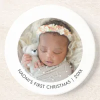 Baby's First Christmas Round Photo Holiday Coaster