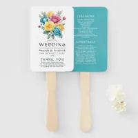 Turquoise, Yellow and Pink Floral Wedding Program Hand Fan