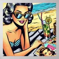 Beautiful Retro Lady at the Beach with Cocktail Poster