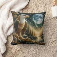 Majestic Eagle Perched by Moonlit River Throw Pillow