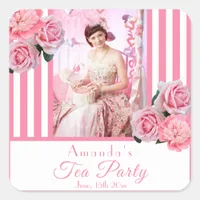 Tea Party photo pink white stripes florals Square Sticker