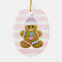 Personalized Pink Gingerbread Man Christmas Ceramic Ornament