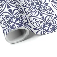 Navy Blue White Moroccan Trellis Boho Tile Pattern Wrapping Paper