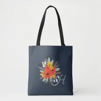 Modern Floral Bouquet Monogram Blue Tote Bag