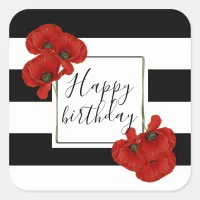 Red Poppies on Black & White Striped Background Square Sticker