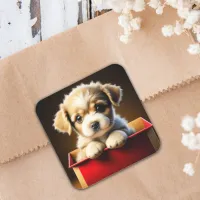 Cute Christmas Puppy Dog in a Gift Box Square Sticker