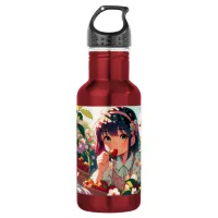 Cute Anime Girl Eating Strawberries | Summer Day Stainless Steel Water Bottle