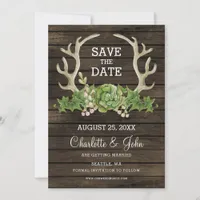 Rustic Barn Wood Succulent Antlers Save the Date Announcement