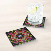 Pretty Colorful Cardinals and Flowers  Mandala Glass Coaster