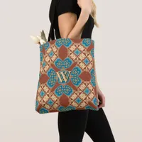 Boho Batik Cool Earth Blue Brown Pattern Monogram Tote Bag