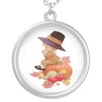 Vintage Pilgrim Boy Praying on Pumpkin Silver Plated Necklace