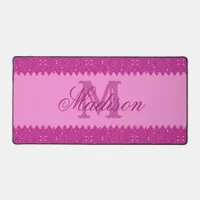 Girly pink glitter zigzag, monogram desk mat