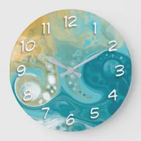 Ocean Blue Waves and Sandy Brown Fluid Art Large Clock