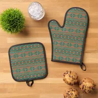 Southwest Teal Copper Colors Geometric Pattern Oven Mitt & Pot Holder Set